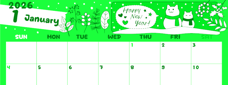 2026年1月横型日曜始まり 雪だるま猫イラストのかわいいA4無料グリーンのカレンダー(2026-00940100)