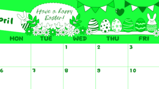 2026年4月横型日曜始まり イースターエッグイラストのかわいいA4無料グリーンのカレンダー(2026-00940400)