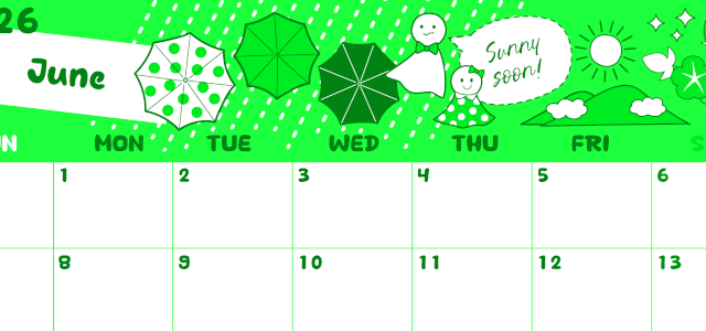 2026年6月横型日曜始まり 季節イラストのかわいいA4無料グリーンのカレンダー(2026-00940600)