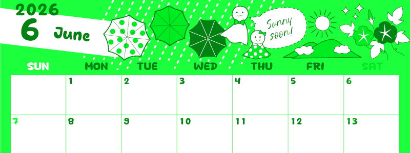 2026年6月横型日曜始まり 季節イラストのかわいいA4無料グリーンのカレンダー(2026-00940600)