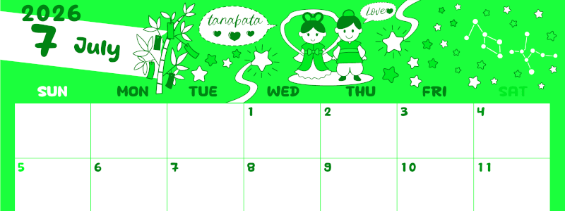 2026年7月横型日曜始まり ポップなイラストがかわいいA4無料グリーンのカレンダー(2026-00940700)