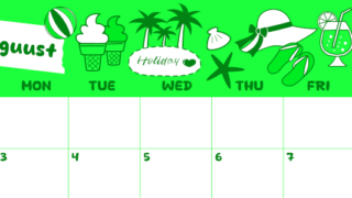 2026年8月横型日曜始まり 海岸イラストのかわいいA4無料グリーンのカレンダー(2026-00940800)