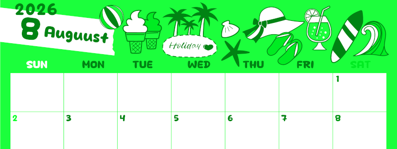 2026年8月横型日曜始まり 海岸イラストのかわいいA4無料グリーンのカレンダー(2026-00940800)