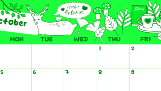 2026年10月横型日曜始まり 鹿のイラストがかわいいA4無料グリーンのカレンダー(2026-00941000)