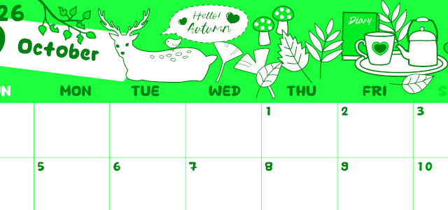 2026年10月横型日曜始まり 鹿のイラストがかわいいA4無料グリーンのカレンダー(2026-00941000)