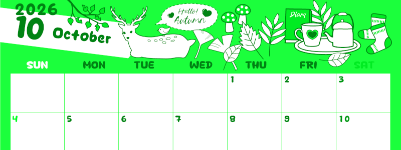 2026年10月横型日曜始まり 鹿のイラストがかわいいA4無料グリーンのカレンダー(2026-00941000)