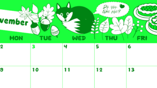 2026年11月横型日曜始まり アップルパイのイラストがかわいいA4無料グリーンのカレンダー(2026-00941100)