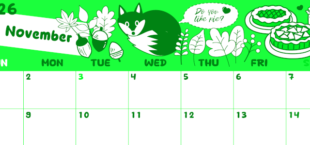 2026年11月横型日曜始まり アップルパイのイラストがかわいいA4無料グリーンのカレンダー(2026-00941100)