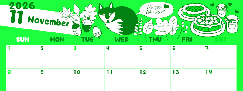 2026年11月横型日曜始まり アップルパイのイラストがかわいいA4無料グリーンのカレンダー(2026-00941100)