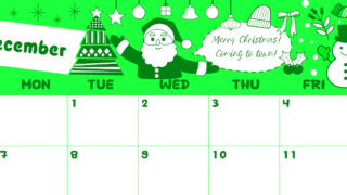 2026年12月横型日曜始まり サンタのイラストがかわいいA4無料グリーンのカレンダー(2026-00941200)