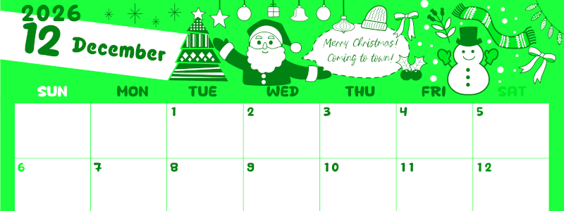 2026年12月横型日曜始まり サンタのイラストがかわいいA4無料グリーンのカレンダー(2026-00941200)