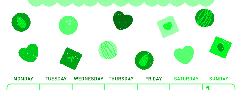 2026年2月縦型月曜始まり チョコのイラストがかわいいA4無料グリーンのカレンダー(2026-00950211)