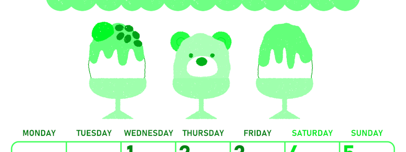 2026年7月縦型月曜始まり かき氷イラストのかわいいA4無料グリーンのカレンダー(2026-00950711)