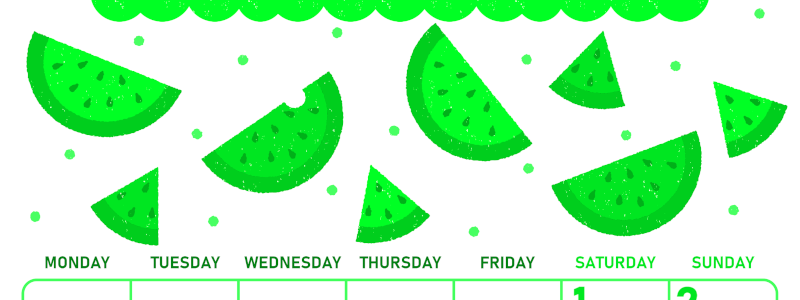 2026年8月縦型月曜始まり 季節の果物イラストのかわいいA4無料グリーンのカレンダー(2026-00950811)