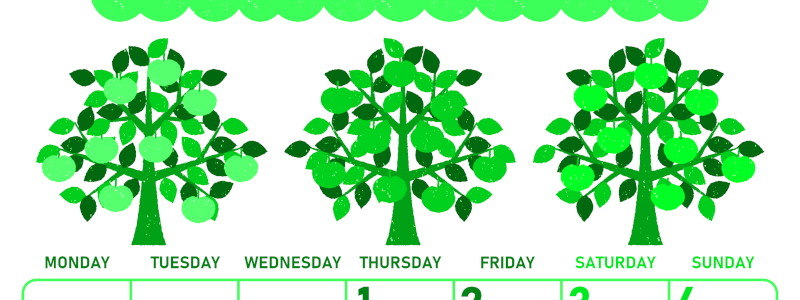 2026年10月縦型月曜始まり リンゴの木イラストのかわいいA4無料グリーンのカレンダー(2026-00951011)