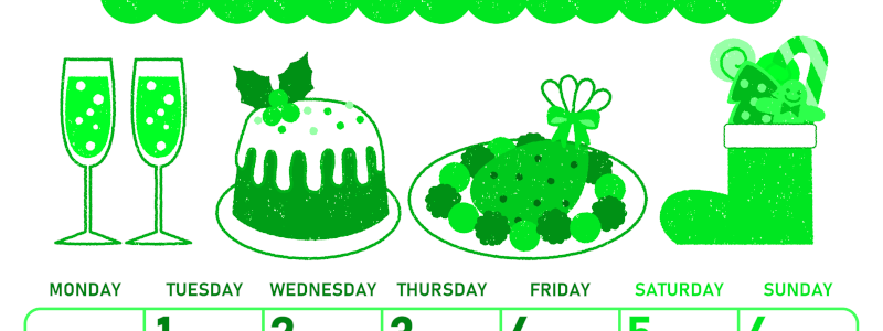 2026年12月縦型月曜始まり 御馳走イラストのかわいいA4無料グリーンのカレンダー(2026-00951211)
