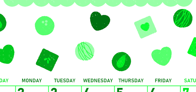 2026年2月縦型日曜始まり チョコのイラストがかわいいA4無料グリーンのカレンダー(2026-00950210)