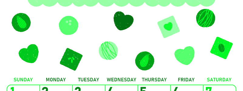 2026年2月縦型日曜始まり チョコのイラストがかわいいA4無料グリーンのカレンダー(2026-00950210)