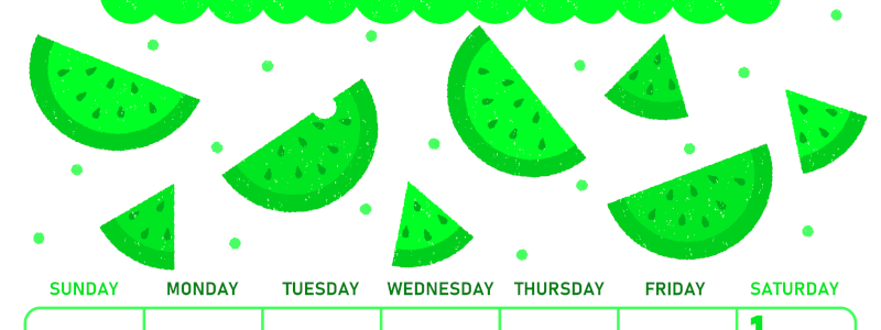 2026年8月縦型日曜始まり 季節の果物イラストのかわいいA4無料グリーンのカレンダー(2026-00950810)