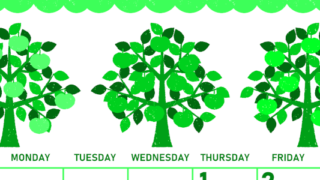 2026年10月縦型日曜始まり リンゴの木イラストのかわいいA4無料グリーンのカレンダー(2026-00951010)