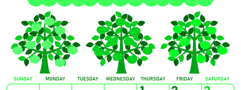 2026年10月縦型日曜始まり リンゴの木イラストのかわいいA4無料グリーンのカレンダー(2026-00951010)