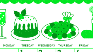 2026年12月縦型日曜始まり 御馳走イラストのかわいいA4無料グリーンのカレンダー(2026-00951210)