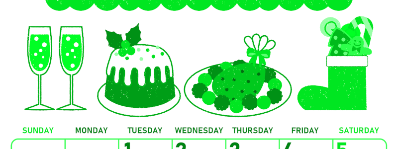 2026年12月縦型日曜始まり 御馳走イラストのかわいいA4無料グリーンのカレンダー(2026-00951210)