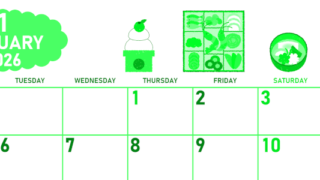 2026年1月横型月曜始まり ポップなお節イラストのかわいいA4無料グリーンのカレンダー(2026-00950101)