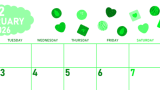 2026年2月横型月曜始まり チョコのイラストがかわいいA4無料グリーンのカレンダー(2026-00950201)