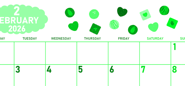 2026年2月横型月曜始まり チョコのイラストがかわいいA4無料グリーンのカレンダー(2026-00950201)