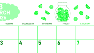 2026年3月横型月曜始まり 果物イラストのかわいいA4無料グリーンのカレンダー(2026-00950301)