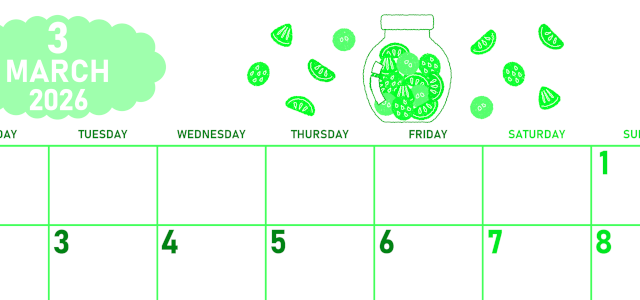 2026年3月横型月曜始まり 果物イラストのかわいいA4無料グリーンのカレンダー(2026-00950301)