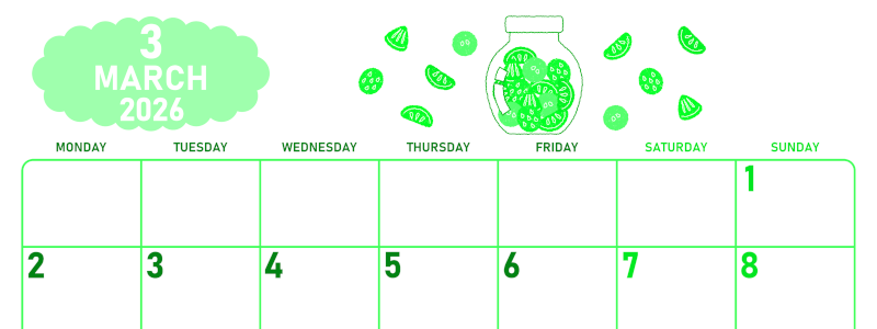 2026年3月横型月曜始まり 果物イラストのかわいいA4無料グリーンのカレンダー(2026-00950301)