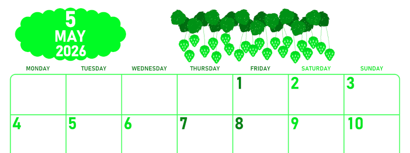 2026年5月横型月曜始まり いちごイラストのかわいいA4無料グリーンのカレンダー(2026-00950501)