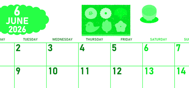 2026年6月横型月曜始まり 和菓子イラストのかわいいA4無料グリーンのカレンダー(2026-00950601)