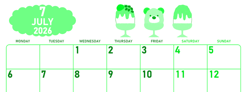2026年7月横型月曜始まり かき氷イラストのかわいいA4無料グリーンのカレンダー(2026-00950701)