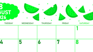 2026年8月横型月曜始まり 季節の果物イラストのかわいいA4無料グリーンのカレンダー(2026-00950801)