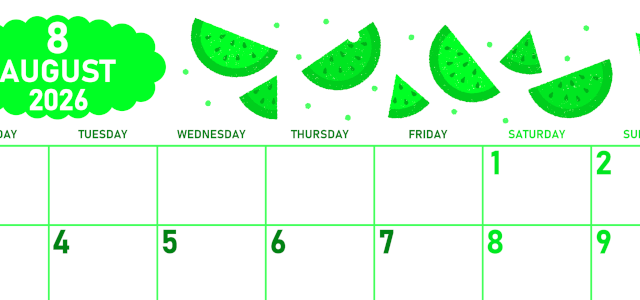 2026年8月横型月曜始まり 季節の果物イラストのかわいいA4無料グリーンのカレンダー(2026-00950801)