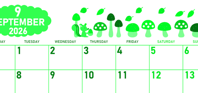 2026年9月横型月曜始まり 秋の季節イラストがかわいいA4無料グリーンのカレンダー(2026-00950901)