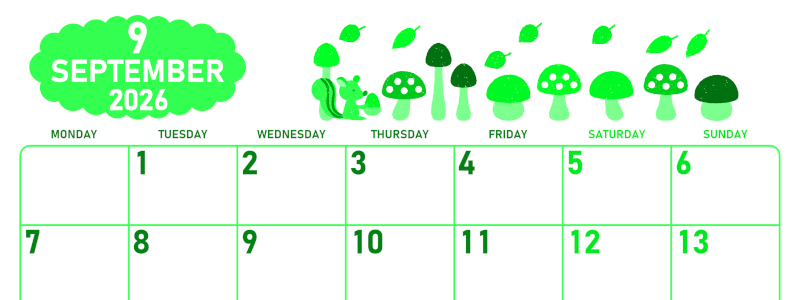 2026年9月横型月曜始まり 秋の季節イラストがかわいいA4無料グリーンのカレンダー(2026-00950901)