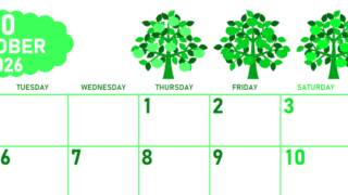 2026年10月横型月曜始まり リンゴの木イラストのかわいいA4無料グリーンのカレンダー(2026-00951001)