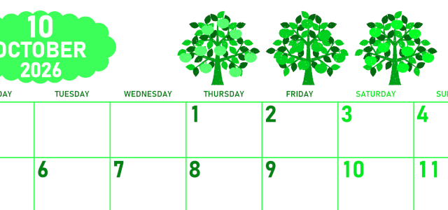 2026年10月横型月曜始まり リンゴの木イラストのかわいいA4無料グリーンのカレンダー(2026-00951001)