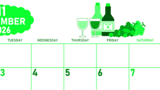 2026年11月横型月曜始まり ぶどうイラストのかわいいA4無料グリーンのカレンダー(2026-00951101)