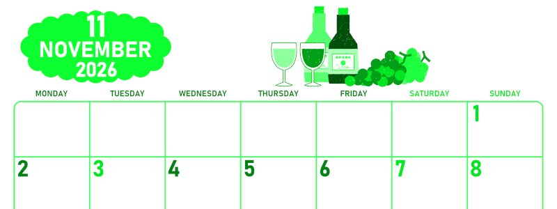 2026年11月横型月曜始まり ぶどうイラストのかわいいA4無料グリーンのカレンダー(2026-00951101)