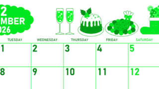 2026年12月横型月曜始まり 御馳走イラストのかわいいA4無料グリーンのカレンダー(2026-00951201)