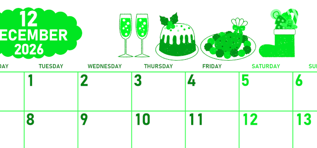 2026年12月横型月曜始まり 御馳走イラストのかわいいA4無料グリーンのカレンダー(2026-00951201)