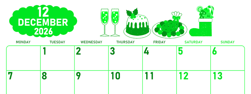 2026年12月横型月曜始まり 御馳走イラストのかわいいA4無料グリーンのカレンダー(2026-00951201)