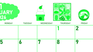 2026年1月横型日曜始まり お節イラストのかわいいA4無料グリーンのカレンダー(2026-00950100)