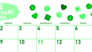 2026年2月横型日曜始まり チョコのイラストがかわいいA4無料グリーンのカレンダー(2026-00950200)