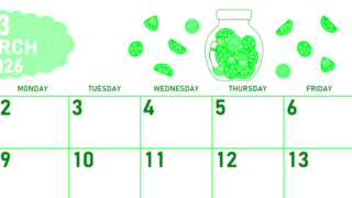 2026年3月横型日曜始まり 果物イラストのかわいいA4無料グリーンのカレンダー(2026-00950300)